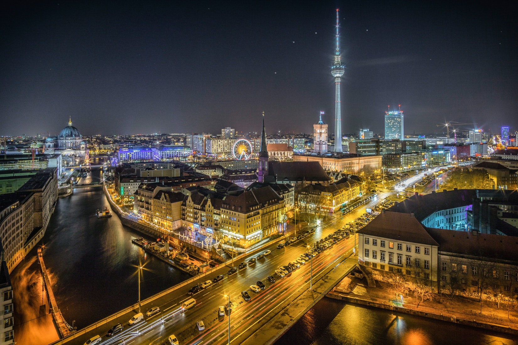 Berlin at night showing Alexanderplatz