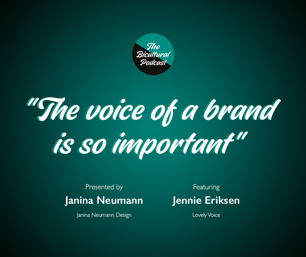 The Bicultural Podcast logo, "The voice of a brand is so important"
