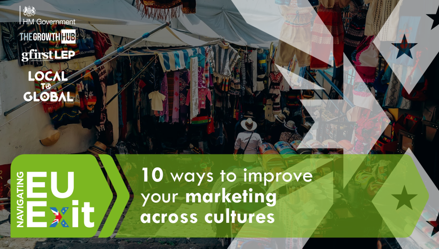 Outdoor clothes market, text '10 ways to improve your marketing across cultures'