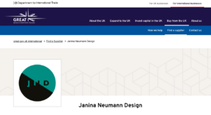 Screenshot of Janina Neumann Design's directory listing on the Department of International Trade website
